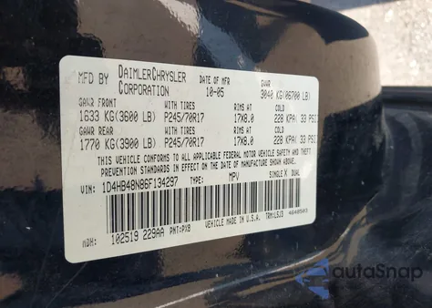 2006 Dodge Durango Slt z USA, uszkodzony, nr VIN 1D4HB48N86F134297